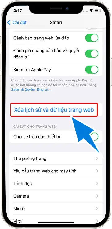 Bước 3 : Chọn Xóa Lịch Sử Và Dữ Liệu Trang Web